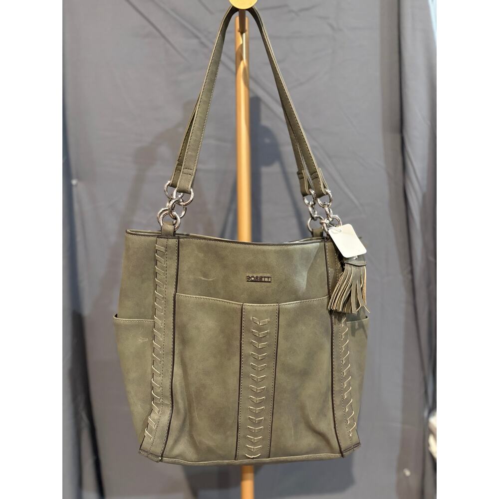 Rosetti Olive Green Tote Bag Multi Pocket Shoulder Purse Tassel